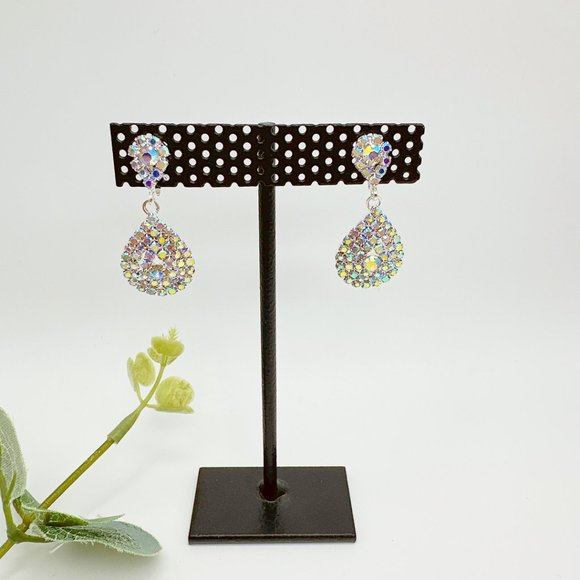 CLIP ON Small Pear Shape AB Color Rhinestone  Earrings - Picture 4 of 10